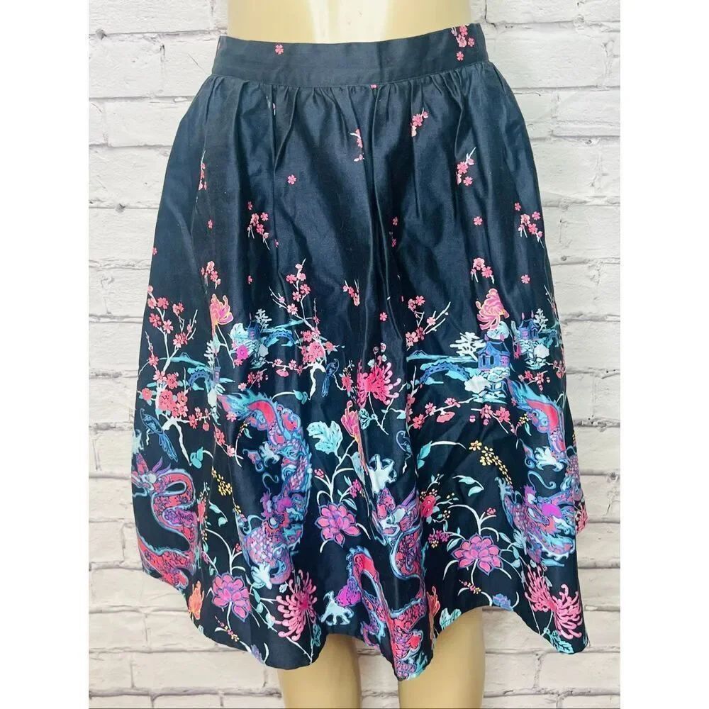 Modloth Womens Navy Pink Dragon Cherry Blossom Print A-Line Skirt Size Medium